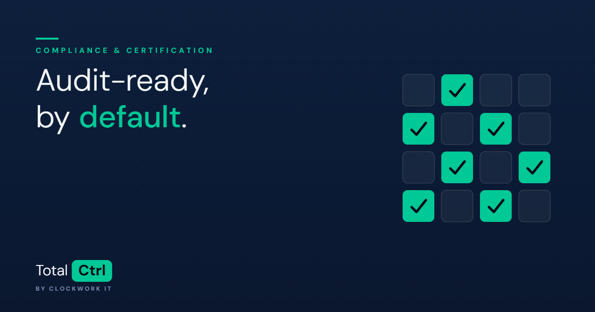 Grid of compliance record cells with emerald check marks on a navy TotalCtrl background, illustrating audit-ready field service certification.