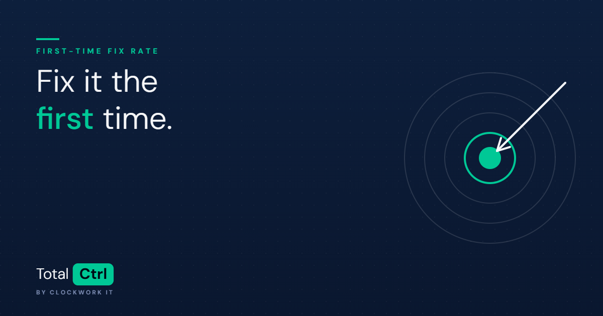 A single arrow hitting the centre of an emerald target on a navy TotalCtrl background, illustrating first-time fix rate in field service.